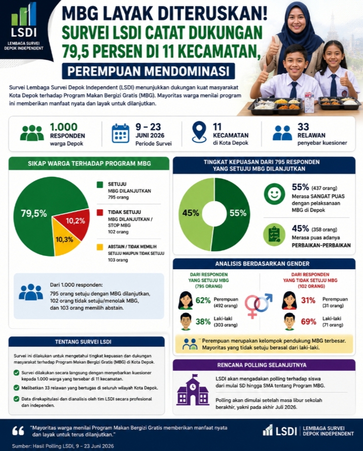 MBG Layak Diteruskan! Survei LSDI Catat Dukungan 79,5 Persen di 11 Kecamatan Depok, Perempuan Mendominasi