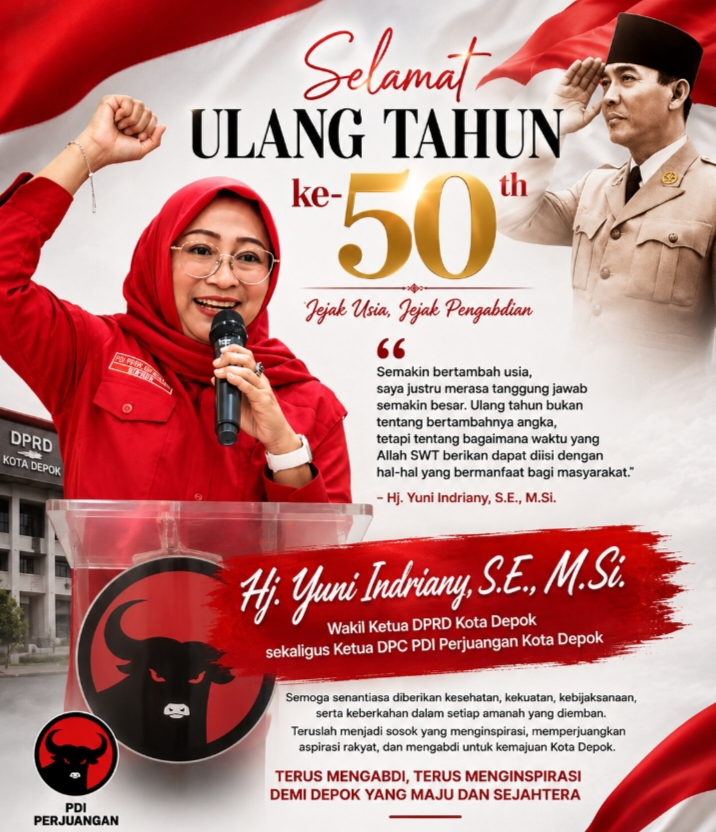 Wakil Ketua DPRD Kota Depok sekaligus Ketua DPC PDI Perjuangan Kota Depok, Hj. Yuni Indriany, S.E., M.Si., di Hari Ulang Tahunnya yang ke - 50 tahun pada Sabtu (27/6/26).