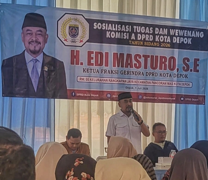 Anggota Komisi A DPRD Kota Depok, Edi Masturo, usai mengikuti kegiatan Sosialisasi Tugas dan Wewenang Komisi A DPRD Kota Depok, Rabu (1/7/2026).