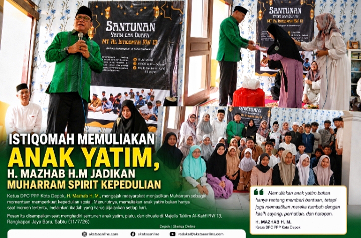 Ketua DPC Partai Persatuan Pembangunan (PPP) Kota Depok, H. Mazhab H. M., saat menghadiri kegiatan santunan bagi anak yatim, anak piatu, dan kaum dhuafa yang diselenggarakan Majelis Taklim Al-Kahfi RW 13, Kelurahan Rangkapan Jaya Baru (RJB), Kota Depok, Sabtu (11/7/2026).