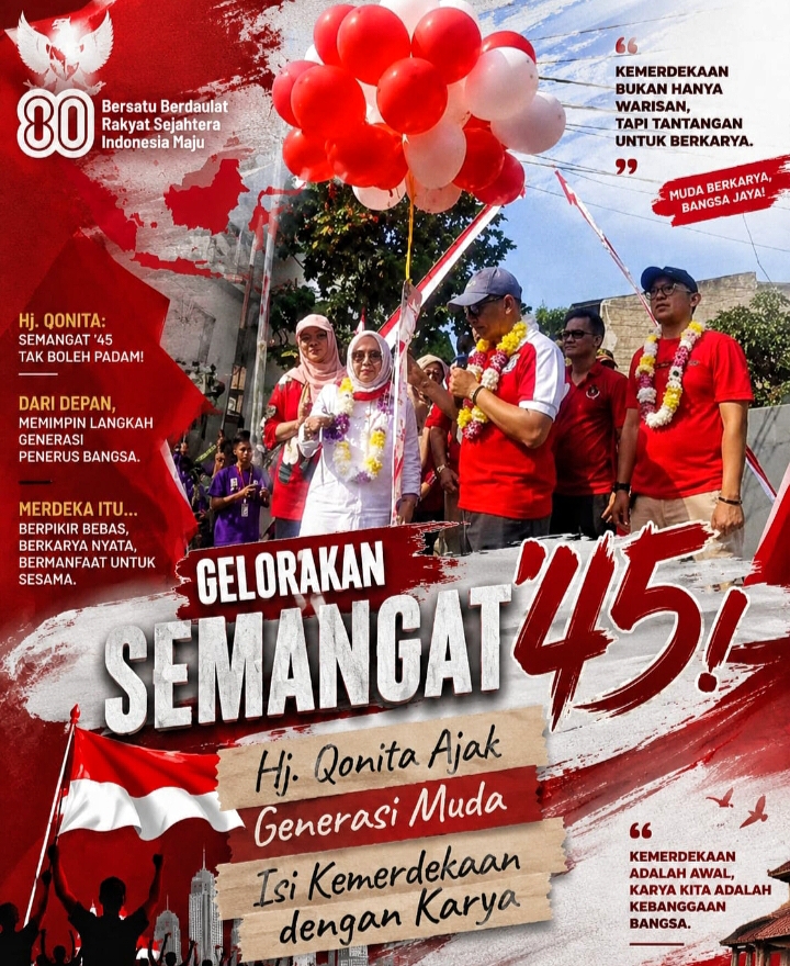 Ketua Badan Kehormatan (BK) DPRD Kota Depok, sekaligus Legislator PPP Depok, Hj. Qonita Lutfiyah, S.E., M.M., saat menghadiri Gebyar HUT RI ke-81 RW 09 Kelurahan Pengasinan, Kecamatan Sawangan, Kota Depok, pada Minggu (12/7/26).
